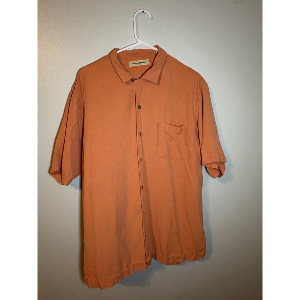 Tommy Bahama Men's Size L 100% Silk Orange Button Up Short‎ Sleeve Casual Shirt
